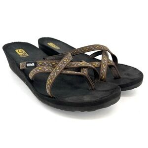 Teva Women's 10 Brown Green Strap Thong Wedge Sandal